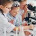 Un grupo de niñas usando equipamiento de laboratorio científico